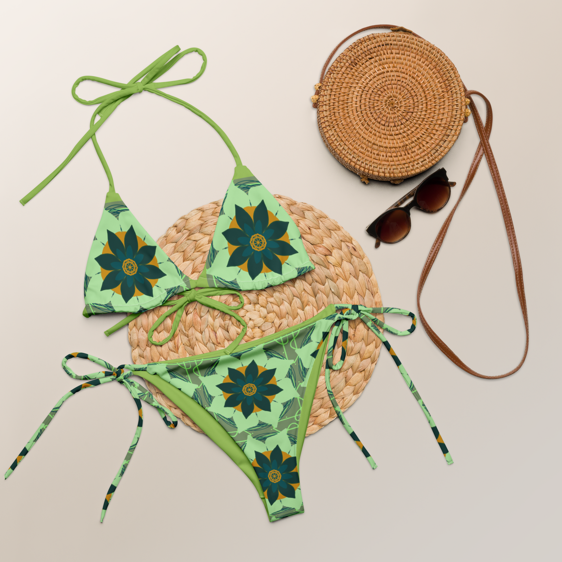 Green Flower string Bikini